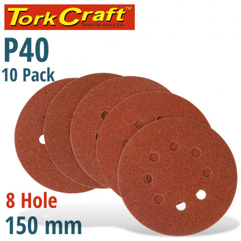 SANDING DISC 150MM 40 GRIT WITH HOLES 10/PK HOOK AND LOOP