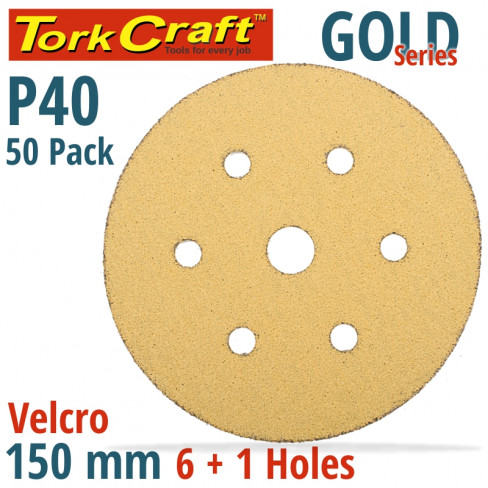 GOLD DISC (50 PIECES) 40 GRIT 150MM X 6+1 HOLES HOOK AND LOOP