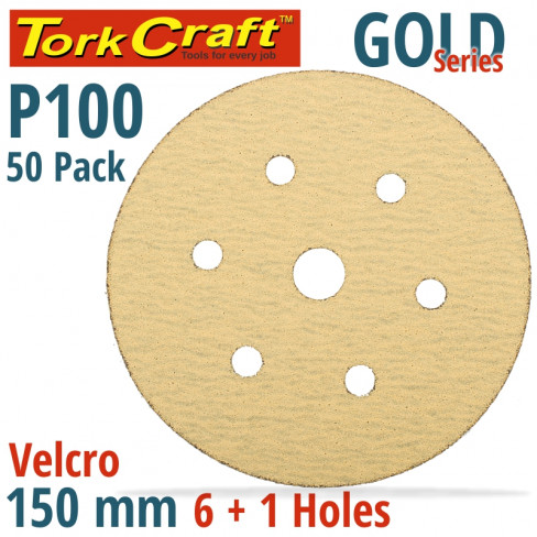 GOLD DISC (50 PIECES) 100 GRIT 150MM X 6+1 HOLES HOOK AND LOOP