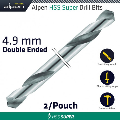 HSS SUPER DRILL BIT DOUBLE ENDED 4.9MM 2/POUCH